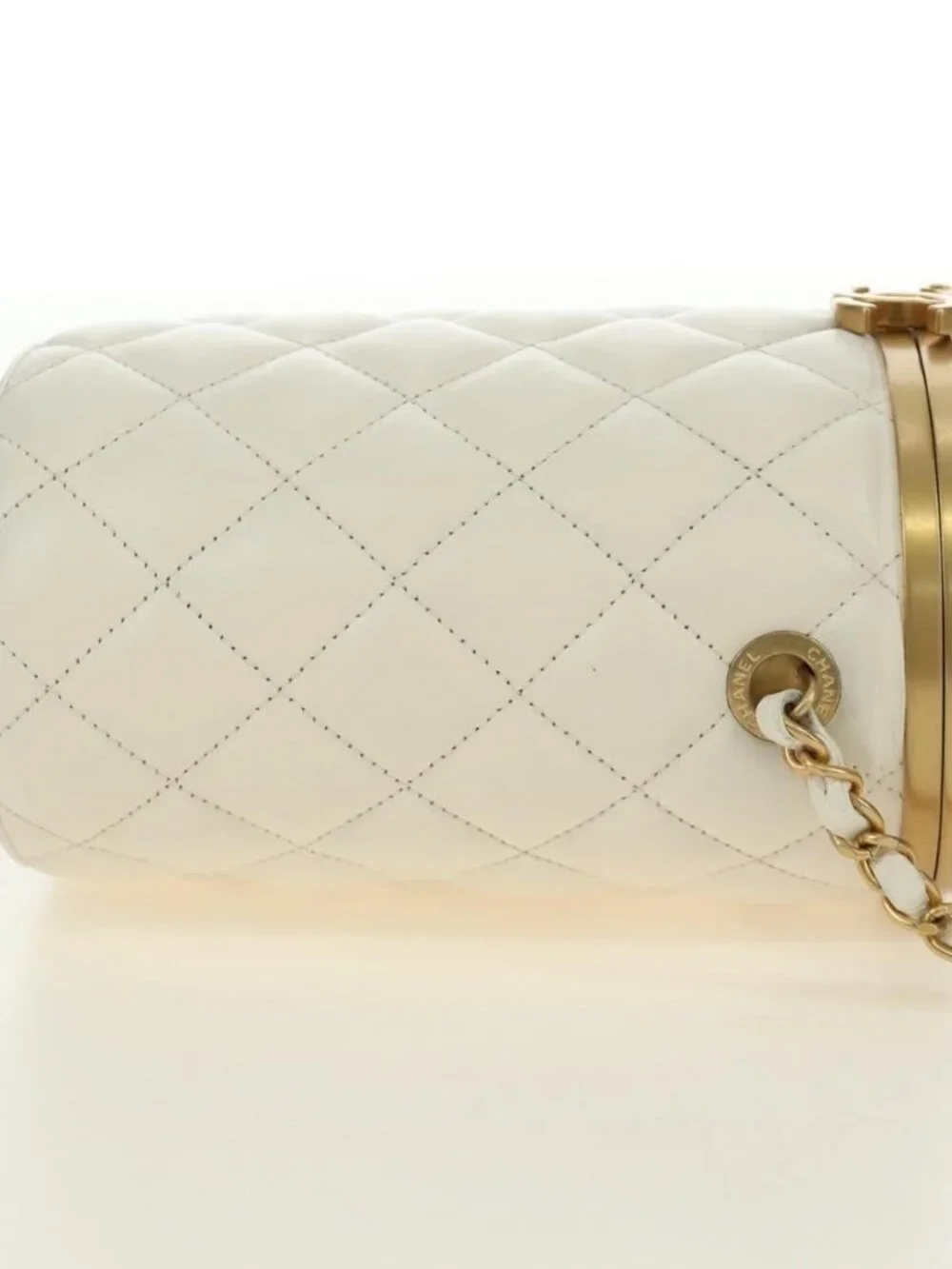 CHANEL Chain Matelasse Shoulder Bag Lamb Skin White Gold CC Auth BA13318M